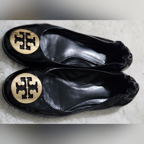 Tory Burch Reva Women's Patent Tumble Leather Ballet Flats Black/Gold US 8.5 - Picture 10 of 11